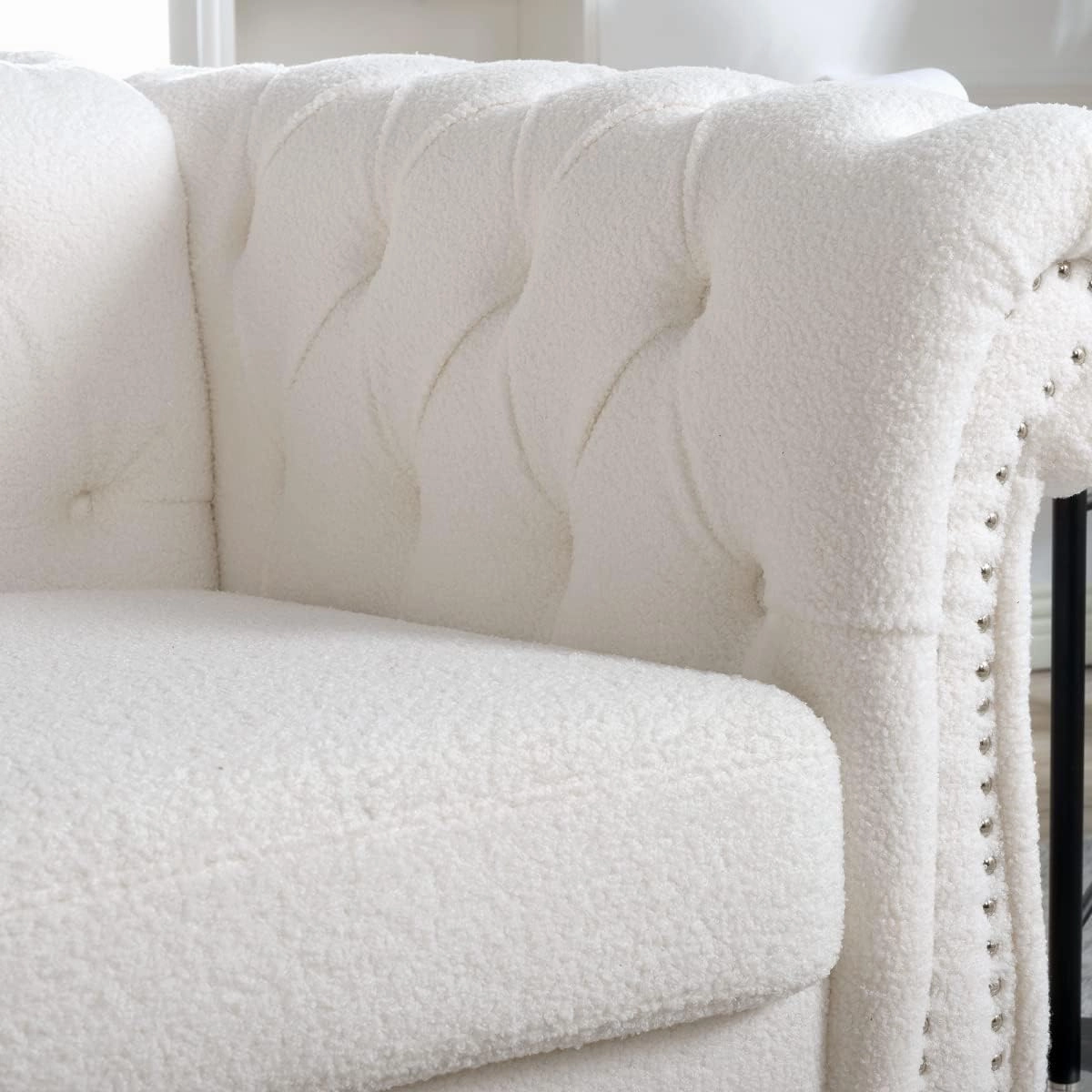 Chesterfield Luxury Polyester 1 Seater Single Accent Sofa Couch Chair,Classic Tufted Button and Nailhead Rolled Arm for Office Living Room,White