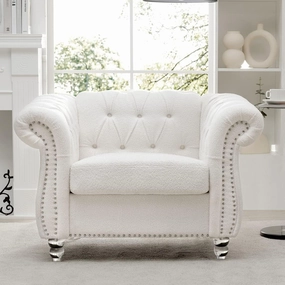 Chesterfield Luxury Polyester 1 Seater Single Accent Sofa Couch Chair,Classic Tufted Button and Nailhead Rolled Arm for Office Living Room,White