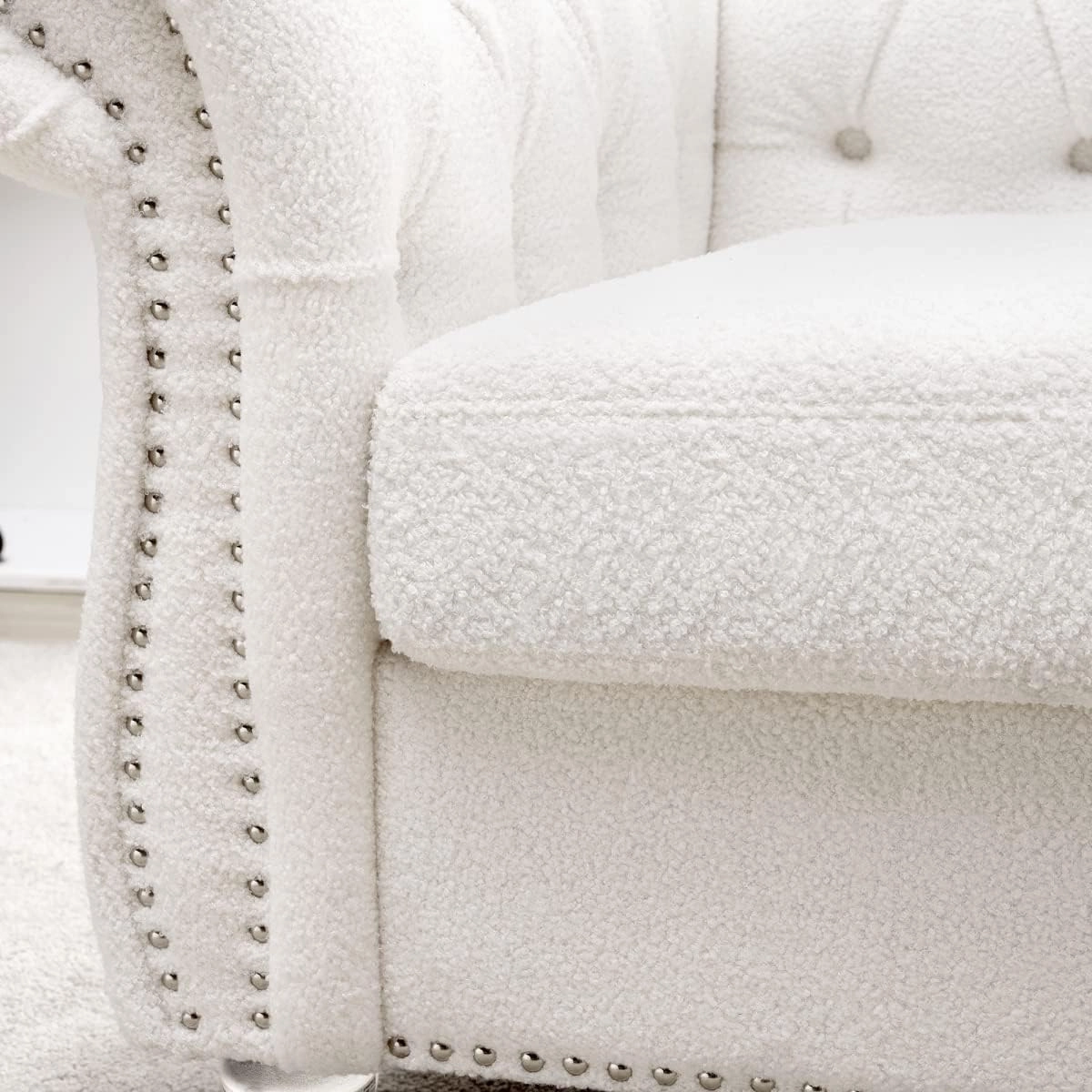 Chesterfield Luxury Polyester 1 Seater Single Accent Sofa Couch Chair,Classic Tufted Button and Nailhead Rolled Arm for Office Living Room,White