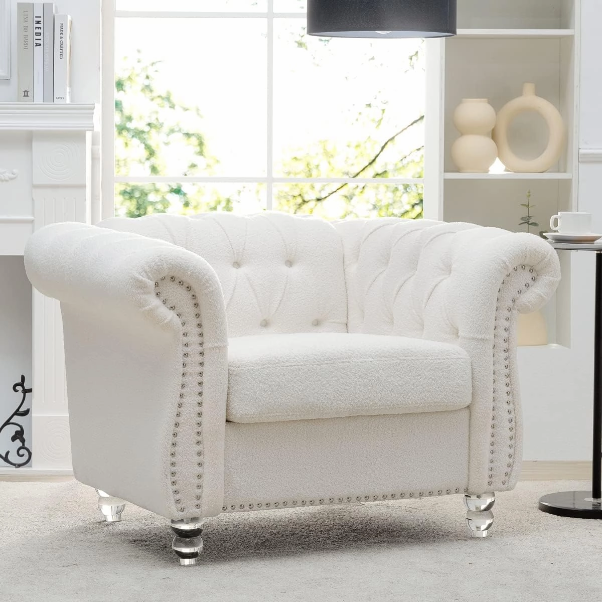 Chesterfield Luxury Polyester 1 Seater Single Accent Sofa Couch Chair,Classic Tufted Button and Nailhead Rolled Arm for Office Living Room,White