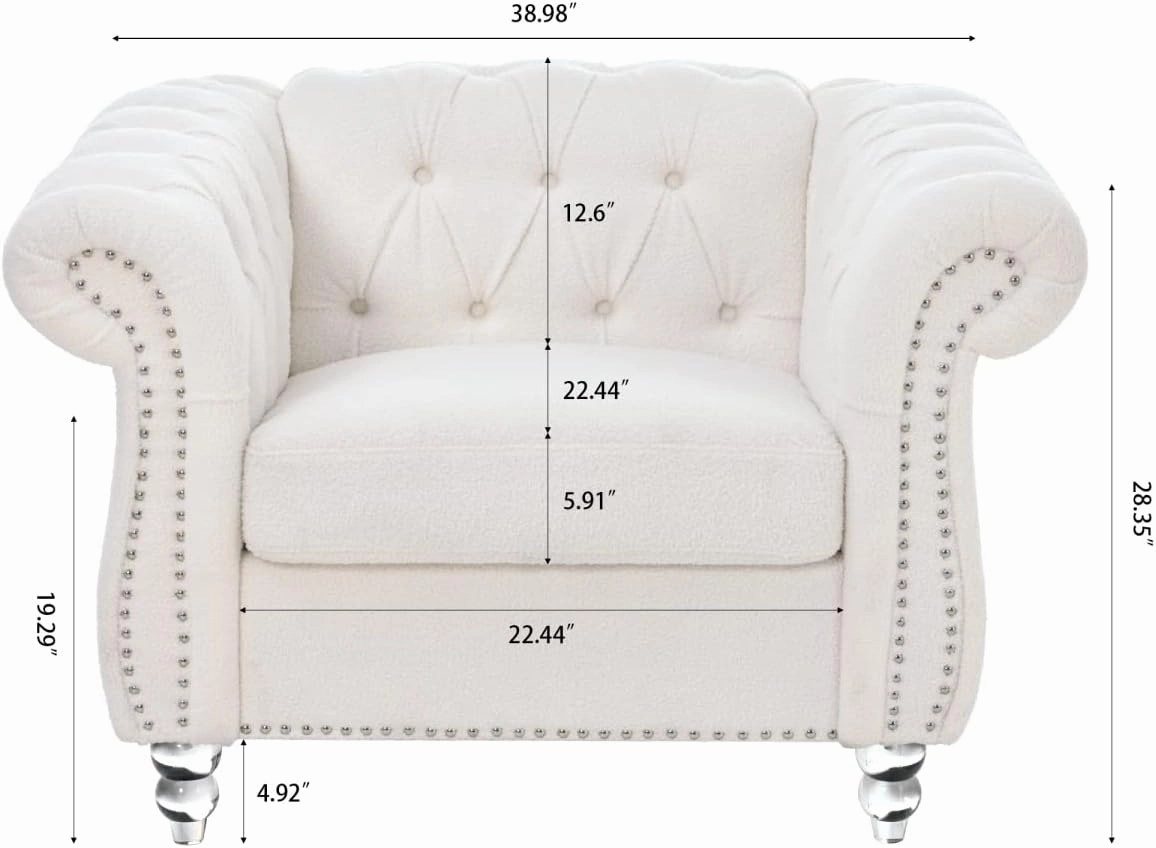 Chesterfield Luxury Polyester 1 Seater Single Accent Sofa Couch Chair,Classic Tufted Button and Nailhead Rolled Arm for Office Living Room,White