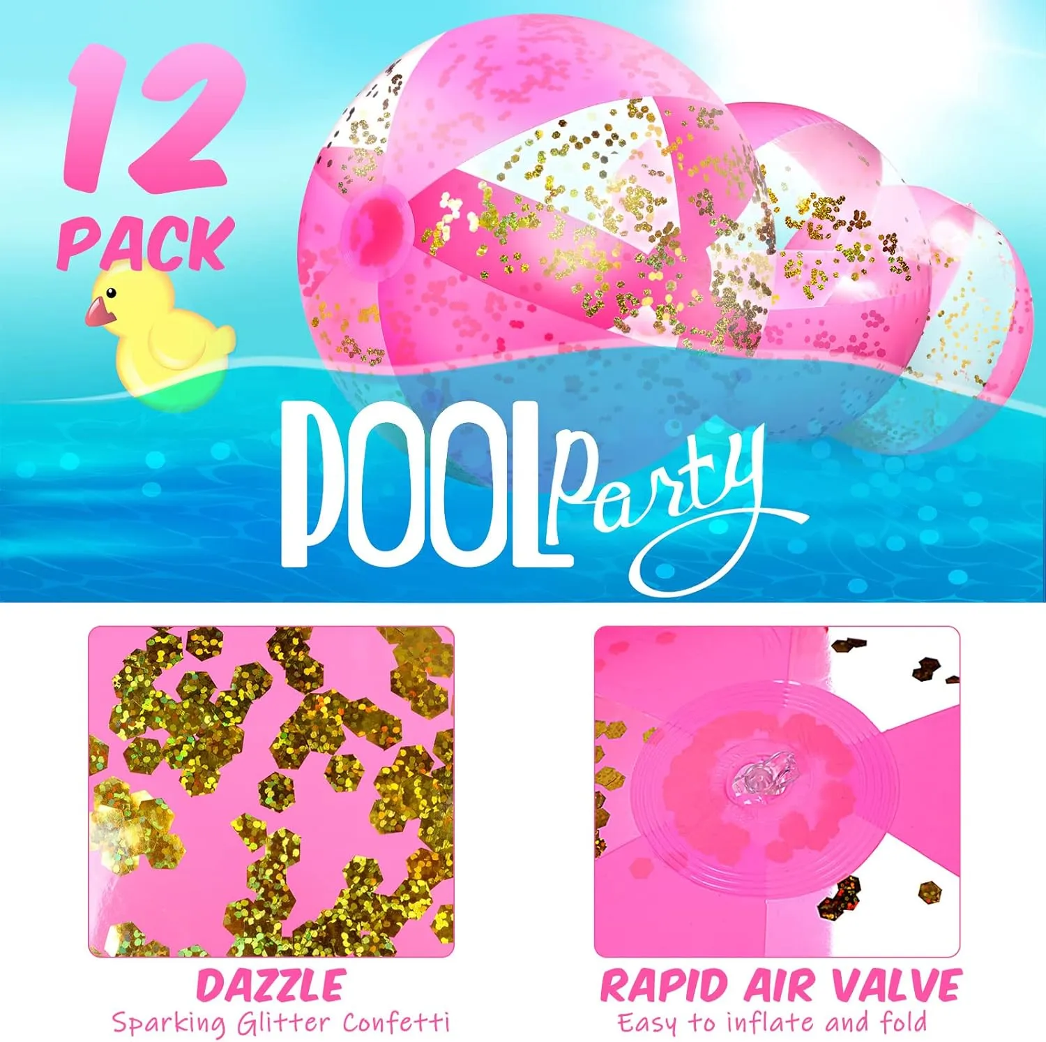 Chivao 12 Pieces Beach Ball 16 Inch Inflatable Glitter Beach Ball Swimming Pool Balls Christmas Inflatable Ball Ornaments Floatable Confetti Ball for Beach Party Xmas Party Favor(Pink)