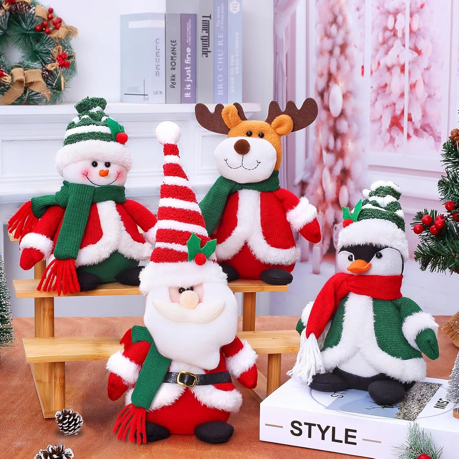 Christmas Plush Toys Decorations, 4 Pack Santa Claus Snowman Penguin Moose Stuffed Animals Doll Set for Kids Boys Girls Xmas Home Office