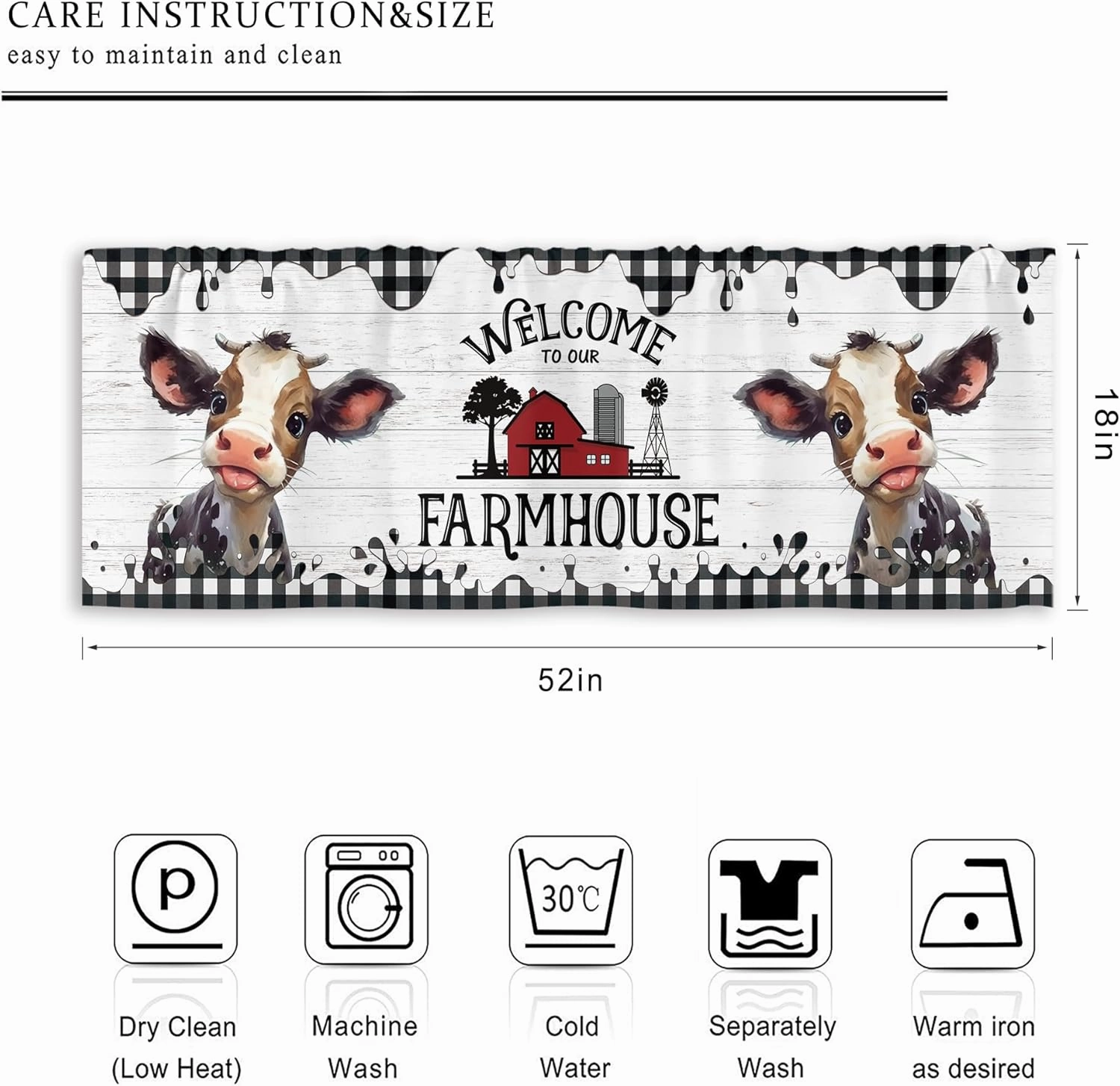 Cinbloo Farmhouse Kitchen Curtains 52Wx18H Inch Rod Pocket Western Cow Valance Country Cute Calf Rustic Wooden Art Printed Black White Buffalo Check Living Room Bedroom Window Drapes Fabric 1 Panel