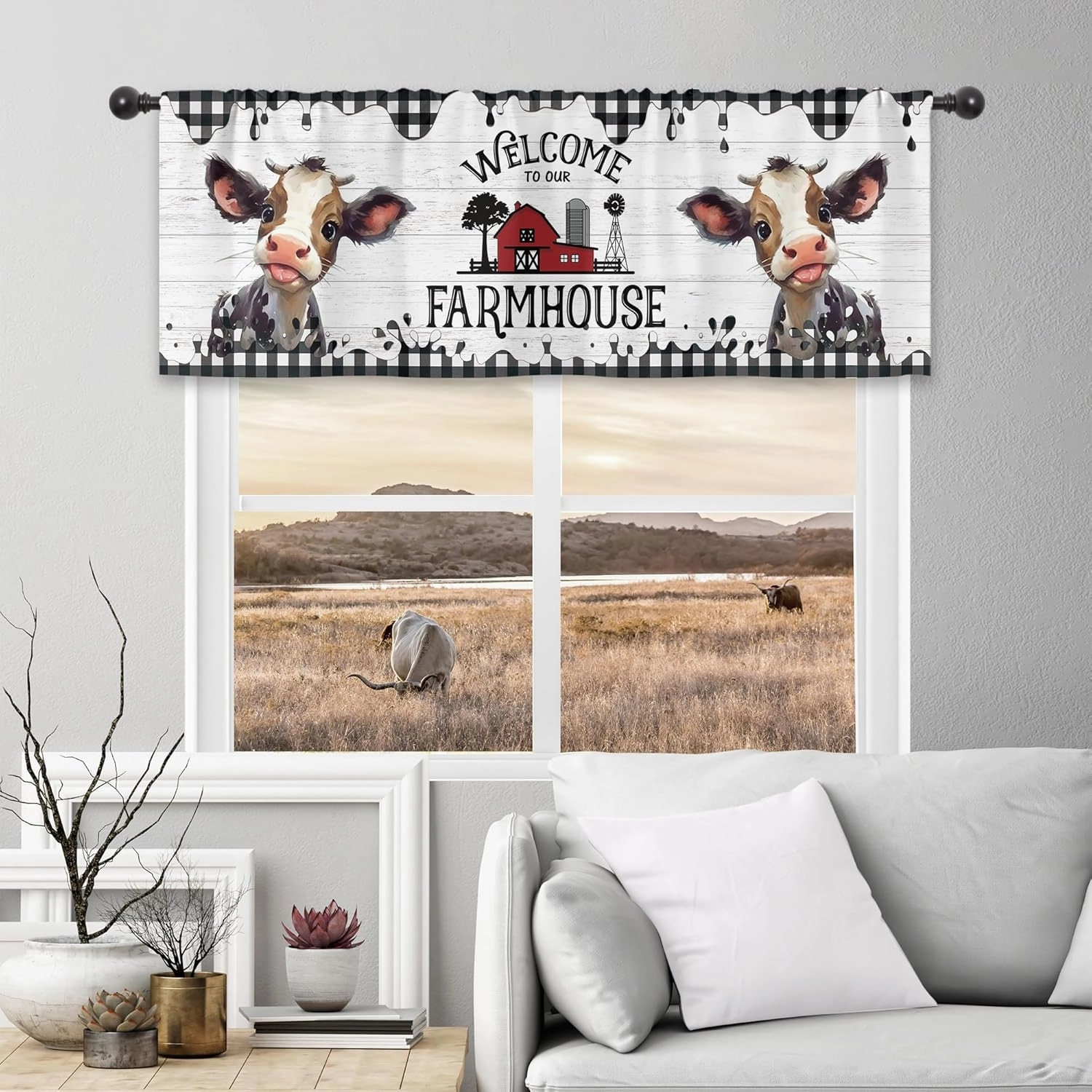 Cinbloo Farmhouse Kitchen Curtains 52Wx18H Inch Rod Pocket Western Cow Valance Country Cute Calf Rustic Wooden Art Printed Black White Buffalo Check Living Room Bedroom Window Drapes Fabric 1 Panel