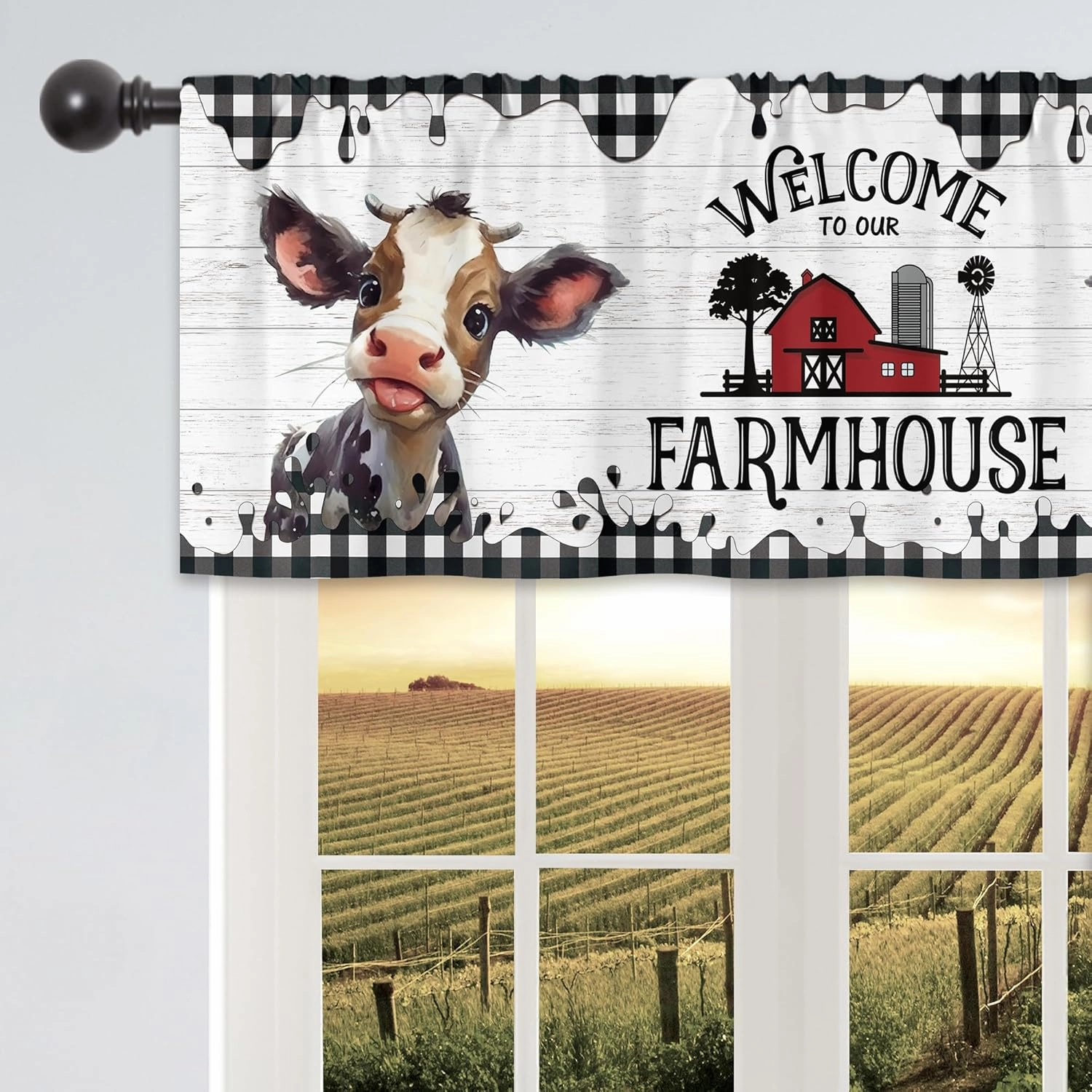 Cinbloo Farmhouse Kitchen Curtains 52Wx18H Inch Rod Pocket Western Cow Valance Country Cute Calf Rustic Wooden Art Printed Black White Buffalo Check Living Room Bedroom Window Drapes Fabric 1 Panel