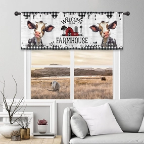 Cinbloo Farmhouse Kitchen Curtains 52Wx18H Inch Rod Pocket Western Cow Valance Country Cute Calf Rustic Wooden Art Printed Black White Buffalo Check Living Room Bedroom Window Drapes Fabric 1 Panel