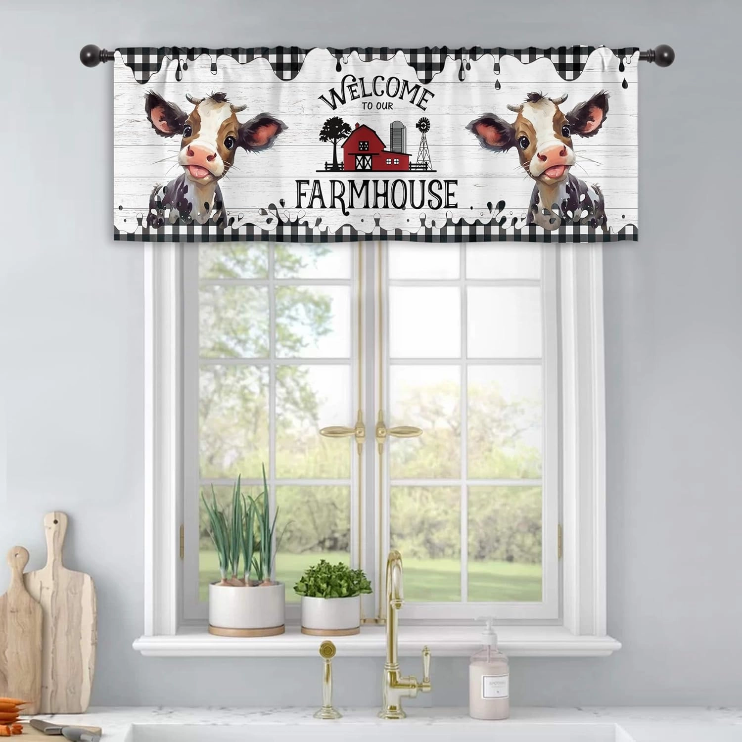 Cinbloo Farmhouse Kitchen Curtains 52Wx18H Inch Rod Pocket Western Cow Valance Country Cute Calf Rustic Wooden Art Printed Black White Buffalo Check Living Room Bedroom Window Drapes Fabric 1 Panel