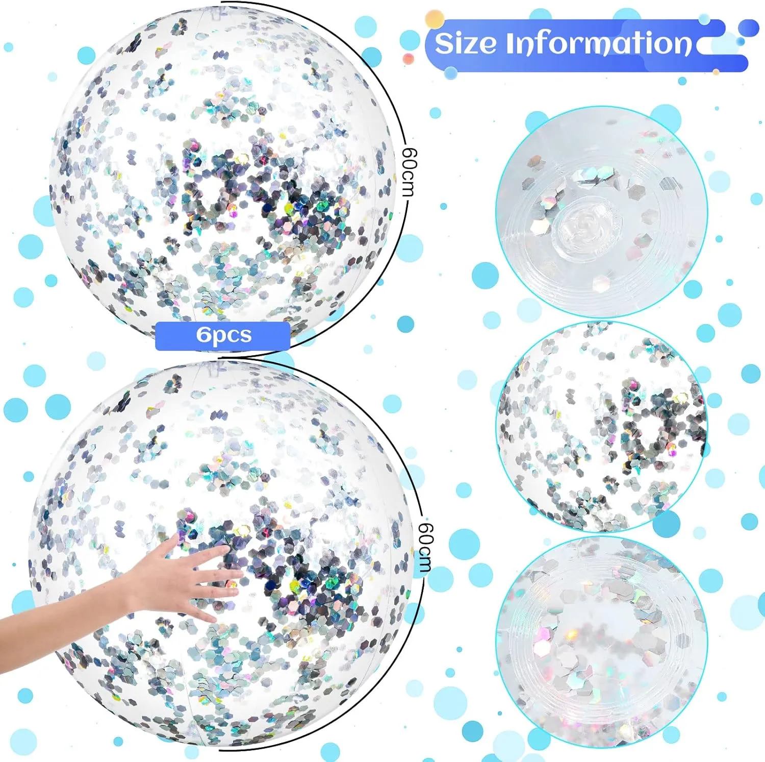 Civaner 6 Pieces Inflatable Beach Ball Sequins Glitter Summer Swimming Pool Balls 24 Inches Clear Wedding Outdoor Decor Ornaments Floatable Confetti Decor for Beach Party Xmas Party Favor