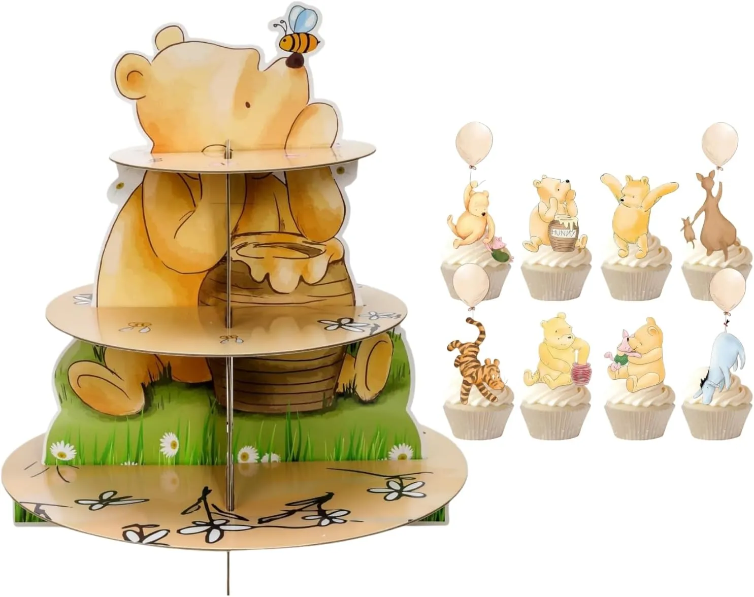 Classic Winnie Cupcake Stand Cupcake Holder 3 Tier with Cupcake Toppers Pooh Baby Shower Decorations Cute Birthday Decorations