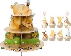 Classic Winnie Cupcake Stand Cupcake Holder 3 Tier with Cupcake Toppers Pooh Baby Shower Decorations Cute Birthday Decorations