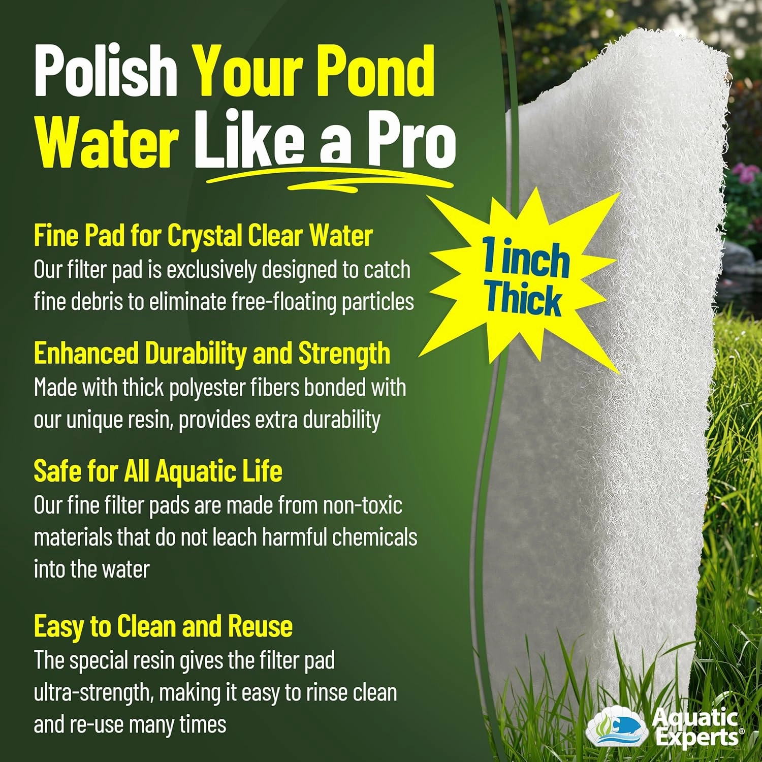 Classic Koi Pond Filter Pad FINE - White Bulk Roll Pond Filter Media, Ultra-Durable Pond Filters for Outdoor Ponds, Reusable Fish Pond Filter Material, USA, Aquatic Experts (3/4" - 1" x 12" x 72")