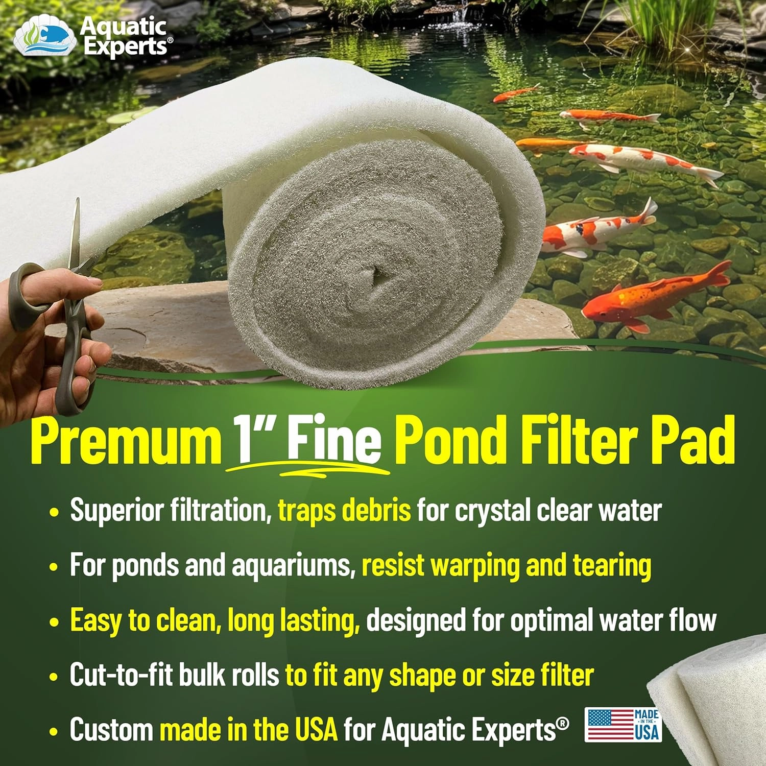 Classic Koi Pond Filter Pad FINE - White Bulk Roll Pond Filter Media, Ultra-Durable Pond Filters for Outdoor Ponds, Reusable Fish Pond Filter Material, USA, Aquatic Experts (3/4" - 1" x 12" x 72")