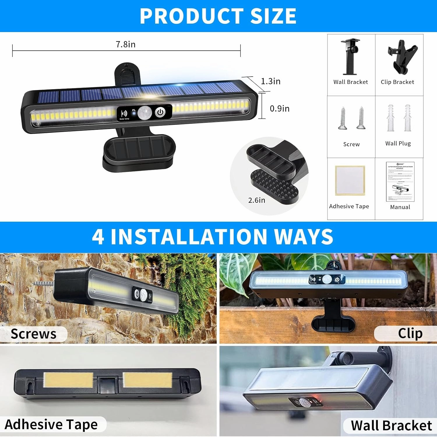 Clip On Solar Motion Lights Outdoor Waterproof, 2 Pack Fence Lights Outside with 36 LEDs, 6000K, Portable Solar Powered Security Light for Fence Garage Camping