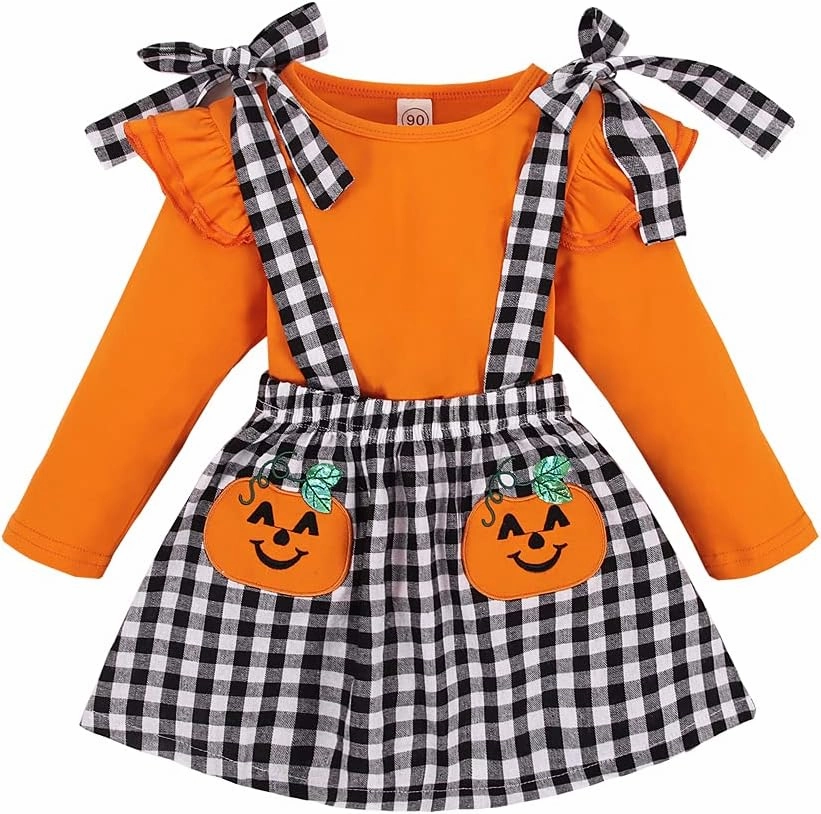 CM C&M WODRO Baby Girl Pumpkin Outfit Cute Long Sleeve Solid Color Shirt Top Suspender Plaid Skirt Set