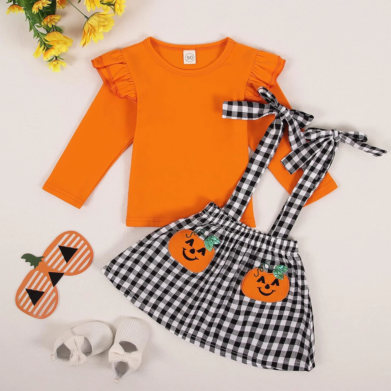 CM C&M WODRO Baby Girl Pumpkin Outfit Cute Long Sleeve Solid Color Shirt Top Suspender Plaid Skirt Set