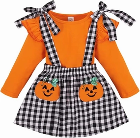 CM C&M WODRO Baby Girl Pumpkin Outfit Cute Long Sleeve Solid Color Shirt Top Suspender Plaid Skirt Set