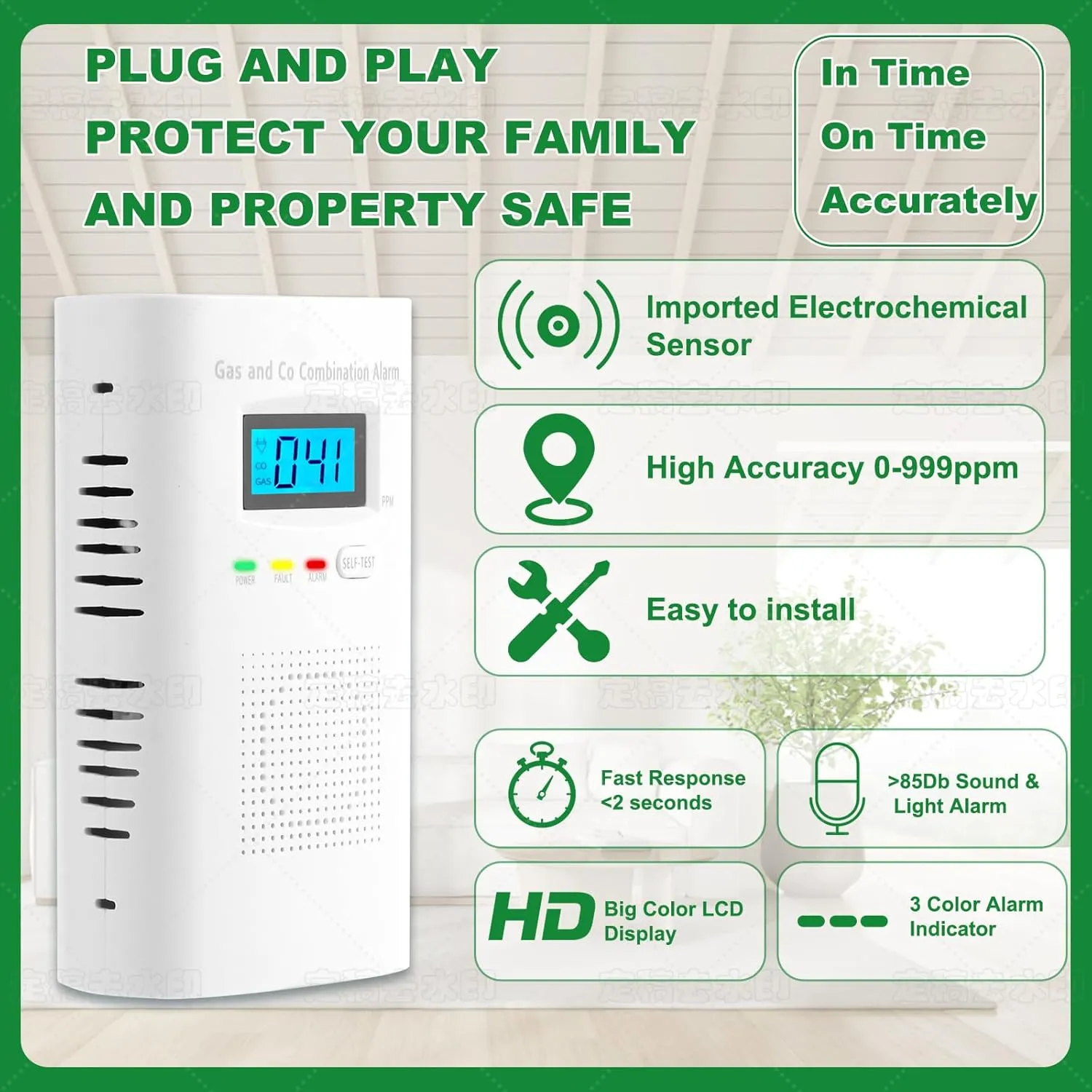 Combination Gas and Carbon Monoxide Detector Plug-in | CO Alarm & Natural Gas Combustible Detector | Digital Display, Battery Backup, Easy Install | for Home Kitchen Safety Monitoring 1-Pack