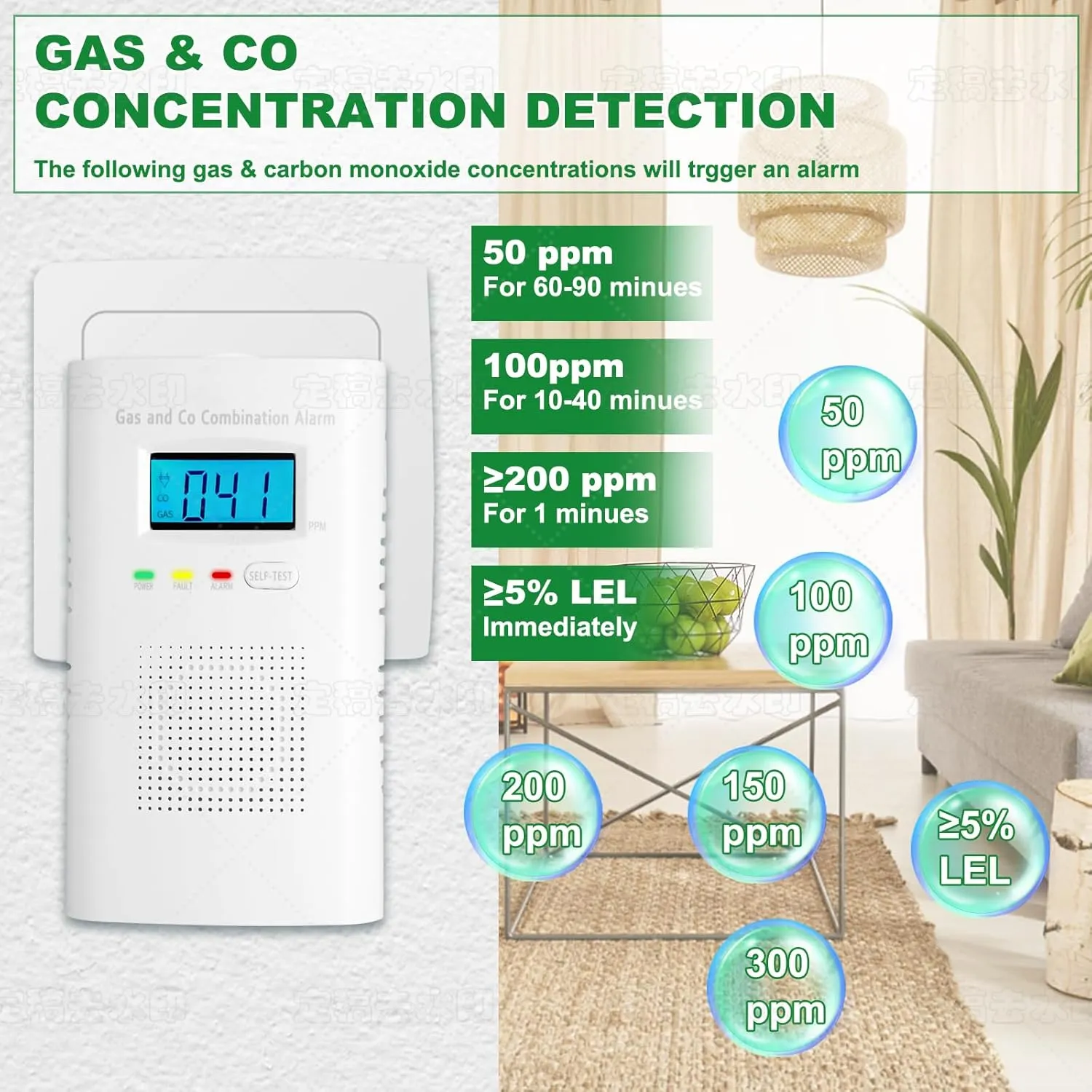 Combination Gas and Carbon Monoxide Detector Plug-in | CO Alarm & Natural Gas Combustible Detector | Digital Display, Battery Backup, Easy Install | for Home Kitchen Safety Monitoring 1-Pack