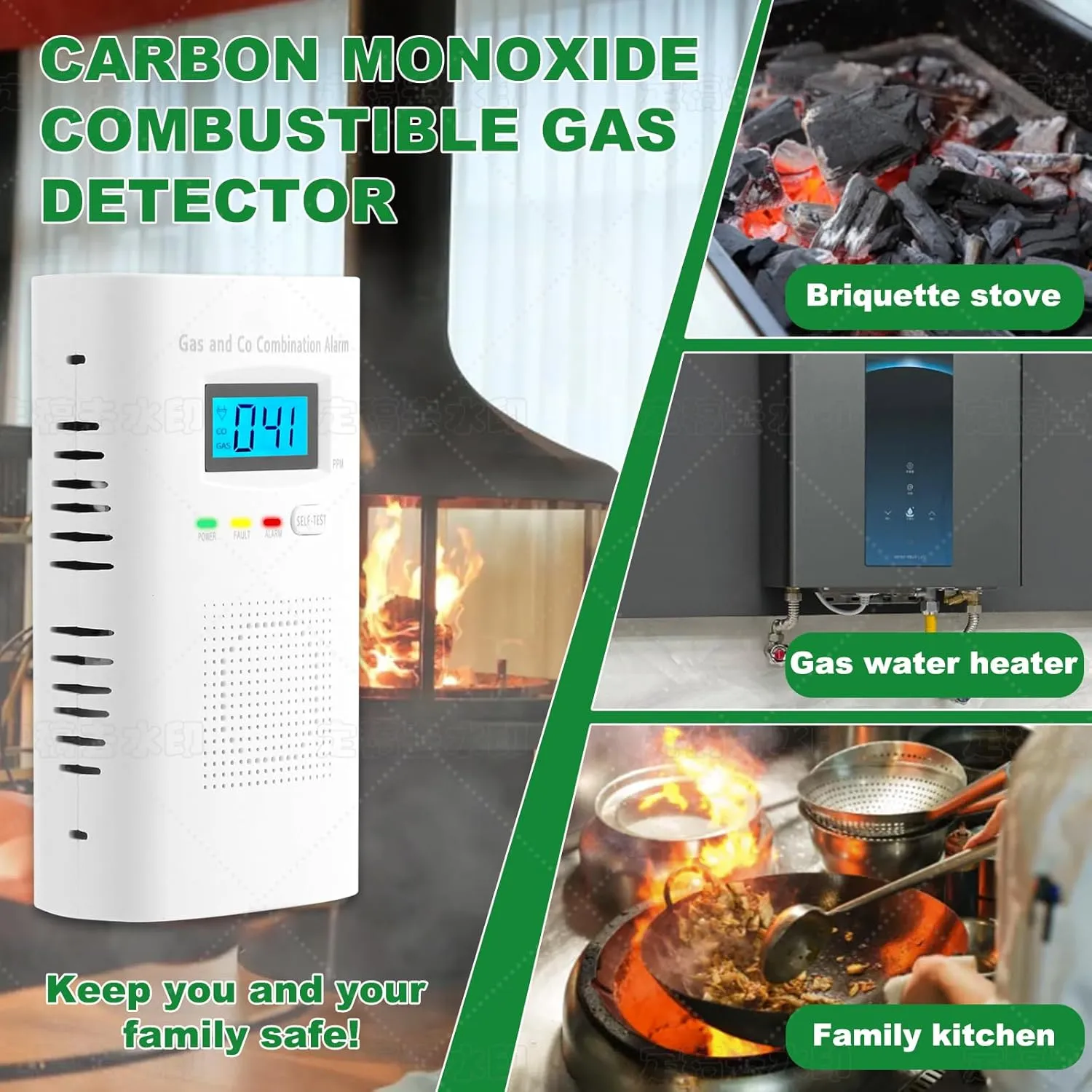 Combination Gas and Carbon Monoxide Detector Plug-in | CO Alarm & Natural Gas Combustible Detector | Digital Display, Battery Backup, Easy Install | for Home Kitchen Safety Monitoring 1-Pack