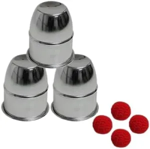 Combo Cups & Balls (AL) - Magic Trick - Recommended for Ages 12 and Above - Includes Three Spun Metal Cups (One Gimmicked), Four Red Crocheted Knit Balls
