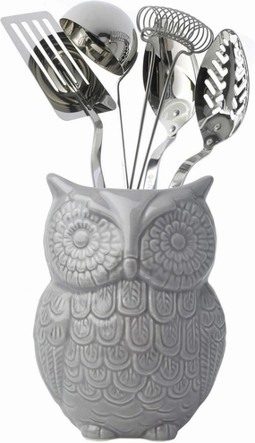 Comfify Owl Utensil Holder Decorative Ceramic Cookware Crock & Organizer, in Lovely Grey Color - Utensil Caddy and Perfect Kitchen Ceramic Décor Gift - 5” x 7” x 4” Size