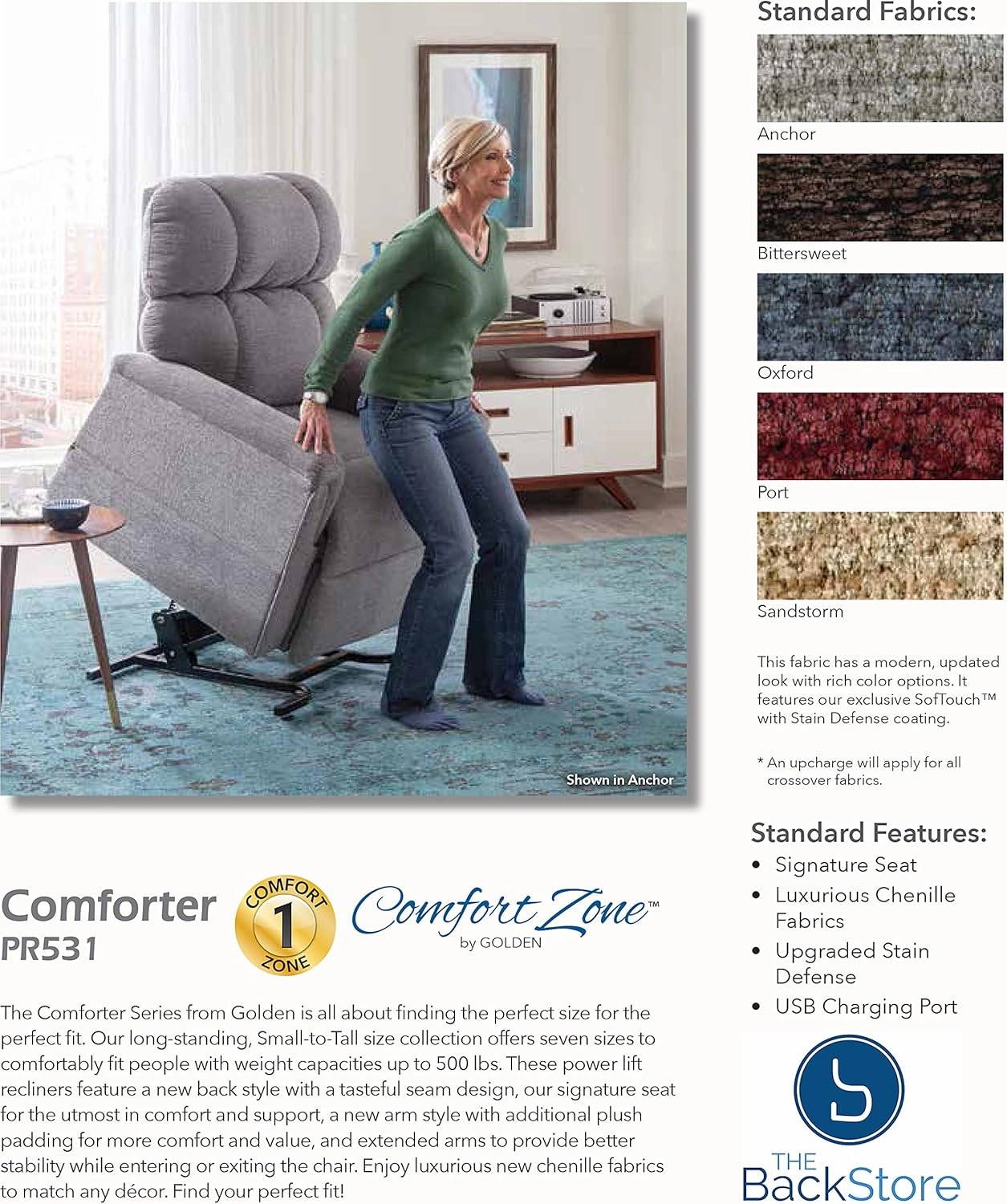 Comforter PR531-S23 Small 23 Wide Seat PR-531 375 lb. Weight Capacity Power Lift Chair Recliner - Bittersweet Dark Brown Fabric (Golden-PR531-S23-Hazelnut)