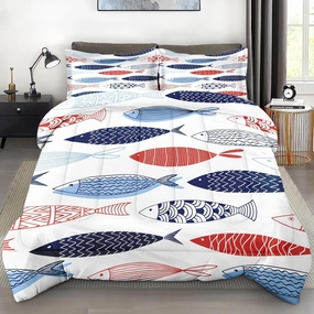Comforter Set Full Size, Fish Blue Summer Soft 3 Pcs Bedding for Kids and Adults, Red Sea Cute Comforter Set with Pillowcase, for Bedroom Bed Decor