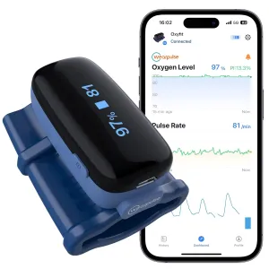 Continuous Pulse Oximeter Fingertip, Blood Oxygen Saturation and Pulse Rate Monitor with App, Rechargeable Bluetooth O2 Sat Finger Meter, 4 * 10 Hrs Built-in Memory，Oxyfit with Reminder