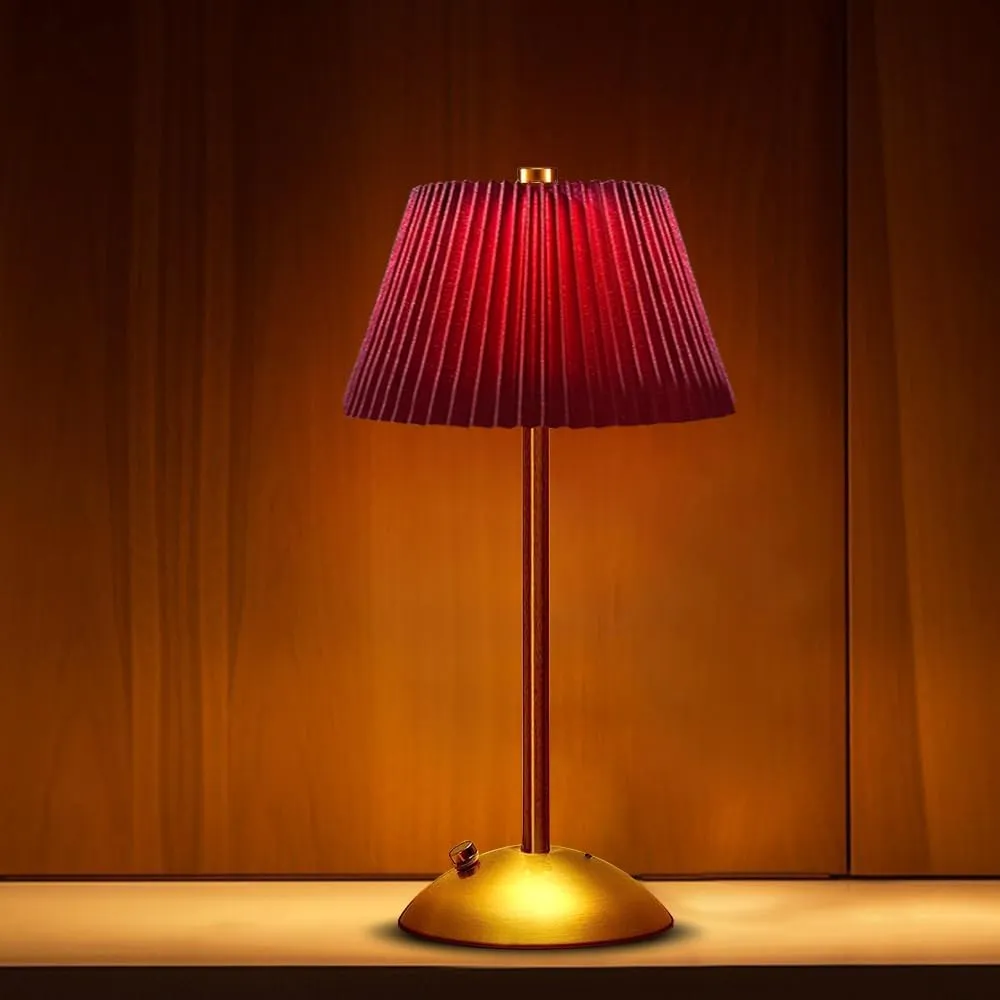 Cordless Metal Desk Lamp,Touch Sensor Control LED Table Lamp,3 Way Dimmable Nightstand Lamp with Fabric Shade Desk Lamp for Living Room, Dorm, Home Office (Red)