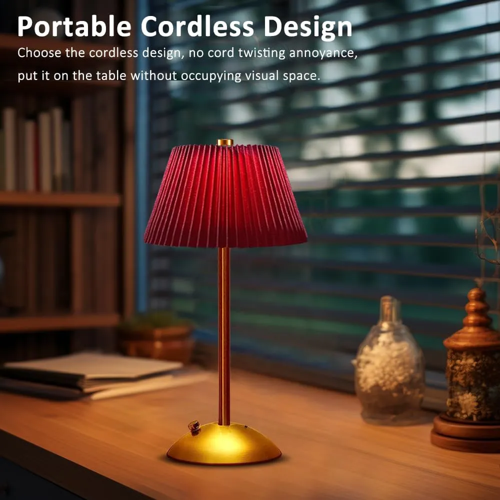 Cordless Metal Desk Lamp,Touch Sensor Control LED Table Lamp,3 Way Dimmable Nightstand Lamp with Fabric Shade Desk Lamp for Living Room, Dorm, Home Office (Red)