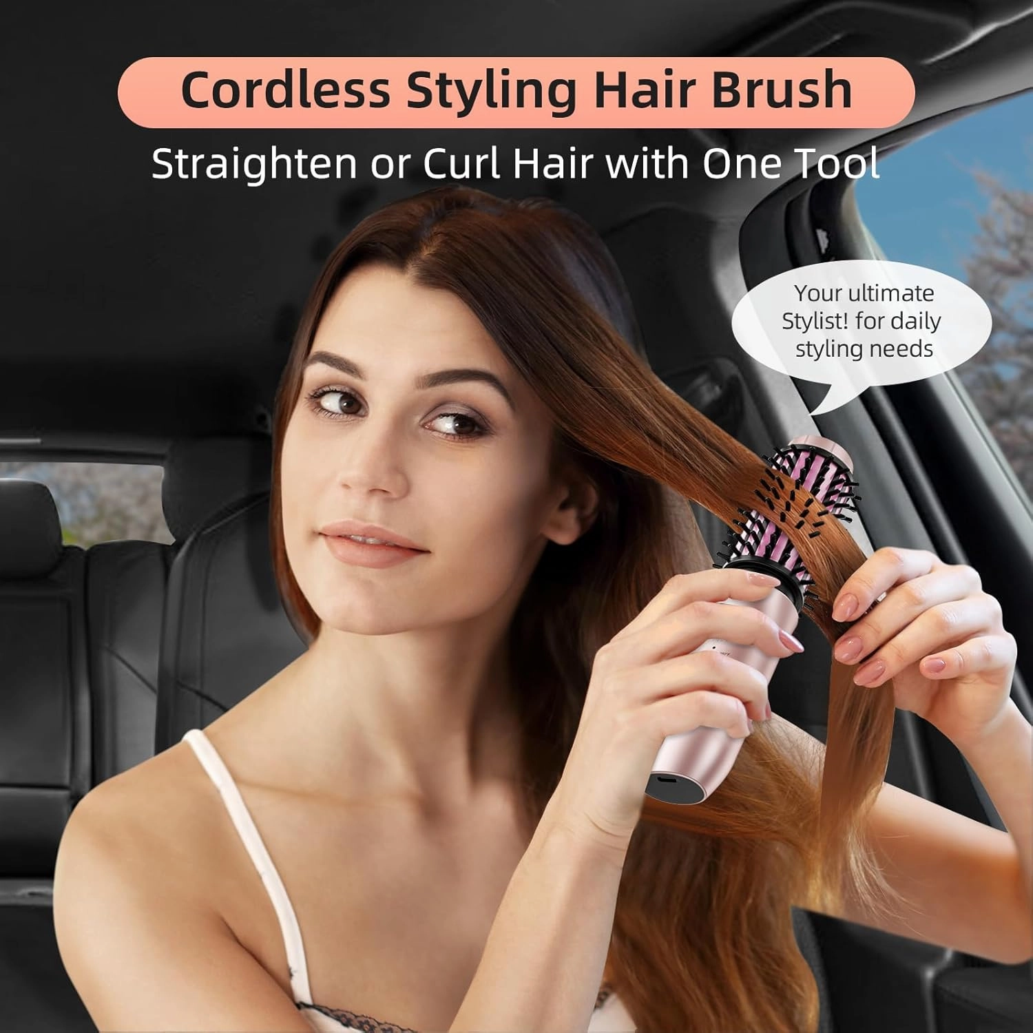 Cordless Curling Iron Brush, 1.5 Inch Mini Travel Hair Curler with 200 Million Negative Ions, Portable Heated Round Straightener Brush Rechargeable for Curl, Touch-Up, De-Frizz, Styling, Rose Gold