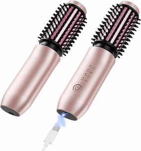 Cordless Curling Iron Brush, 1.5 Inch Mini Travel Hair Curler with 200 Million Negative Ions, Portable Heated Round Straightener Brush Rechargeable for Curl, Touch-Up, De-Frizz, Styling, Rose Gold