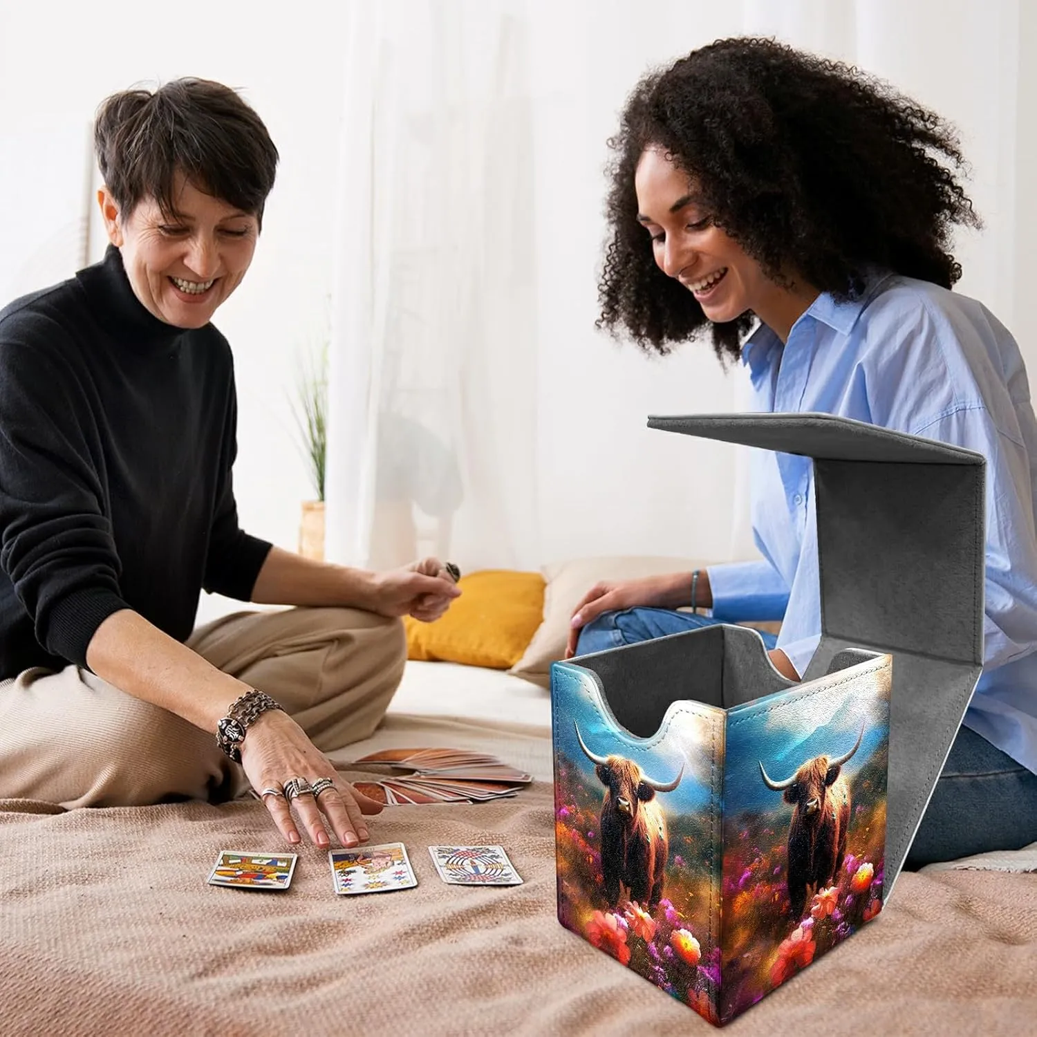 Cow in Colorful Flower Card Commander Deck Box for Trading Cards Storage Box with Strong Magnet Magic Premium Gathering Deck Box Cover for TCG CCG Magic Card