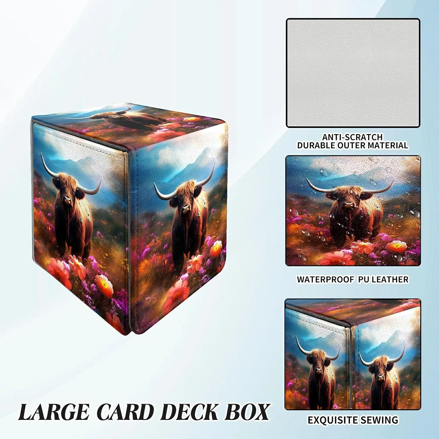 Cow in Colorful Flower Card Commander Deck Box for Trading Cards Storage Box with Strong Magnet Magic Premium Gathering Deck Box Cover for TCG CCG Magic Card