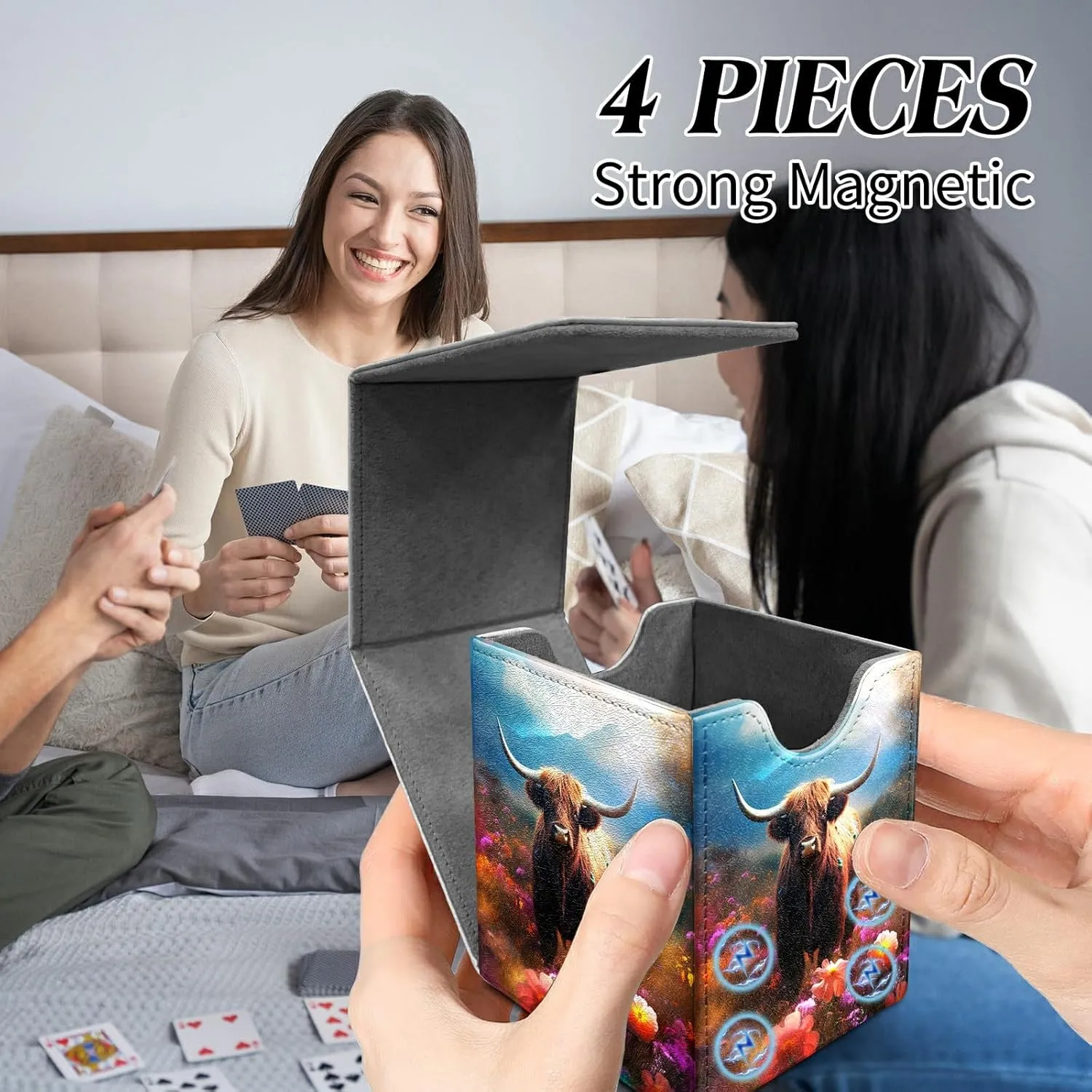 Cow in Colorful Flower Card Commander Deck Box for Trading Cards Storage Box with Strong Magnet Magic Premium Gathering Deck Box Cover for TCG CCG Magic Card