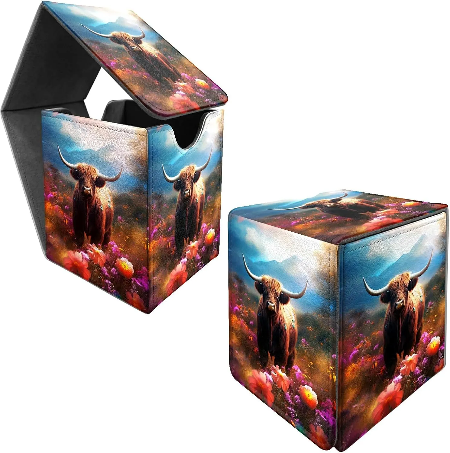 Cow in Colorful Flower Card Commander Deck Box for Trading Cards Storage Box with Strong Magnet Magic Premium Gathering Deck Box Cover for TCG CCG Magic Card