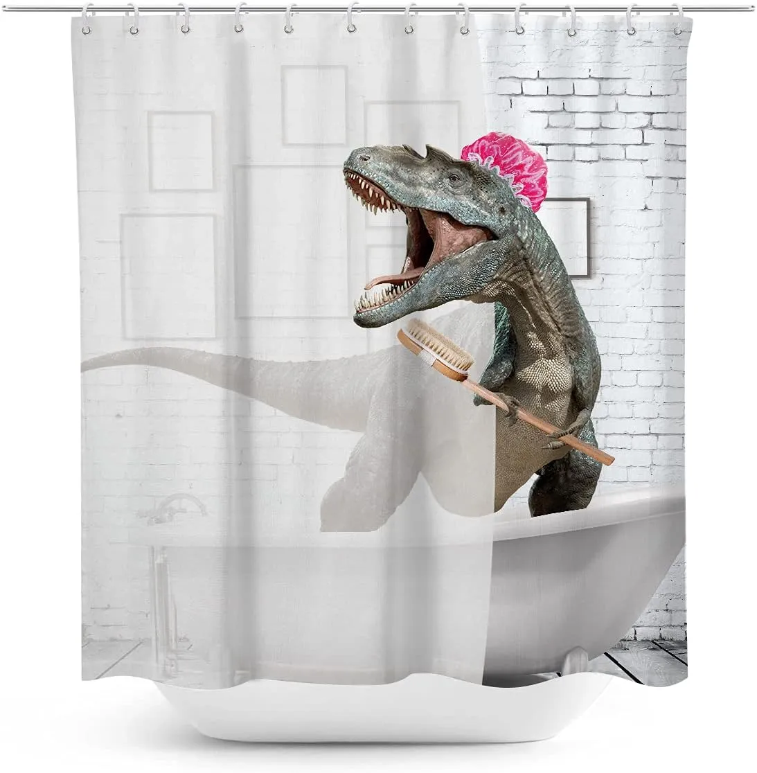 Coxila Funny Dinosaur Shower Curtain Dino Kid Cute Cartoon Children Animal Monster Fun Girl Boy White and Grey 60x72 Inch Polyester Fabric 12 Pack Plastic Hooks