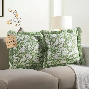 CPC Olive Green Ruffle Throw Pillow Covers for Couch, 18x18 Inch Cotton Stripe Ruffle Couch Pillows for Living Room, Hidden 14 Inch Zipper Boho Pillow Case or Cute Outdoor Pillows
