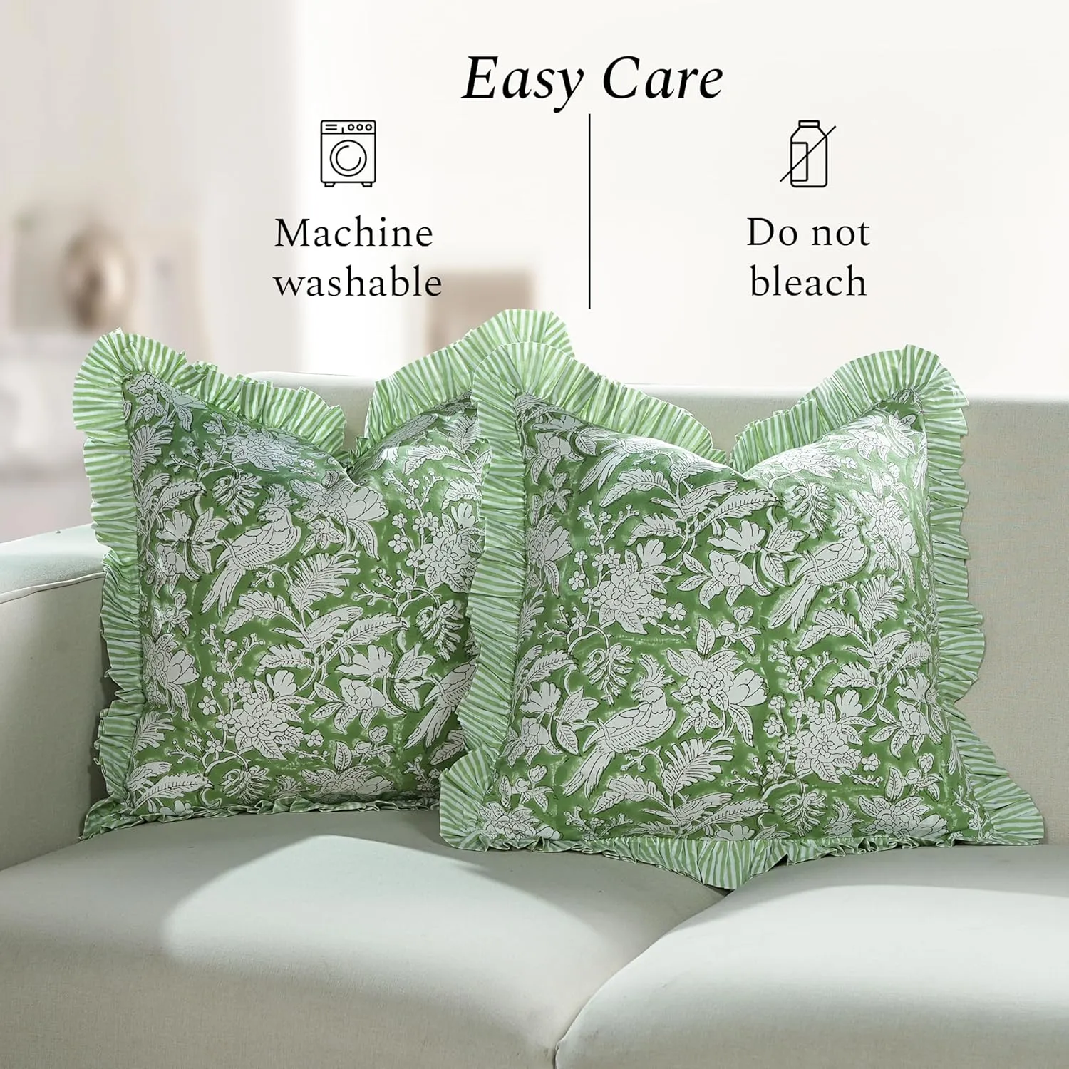 CPC Olive Green Ruffle Throw Pillow Covers for Couch, 18x18 Inch Cotton Stripe Ruffle Couch Pillows for Living Room, Hidden 14 Inch Zipper Boho Pillow Case or Cute Outdoor Pillows