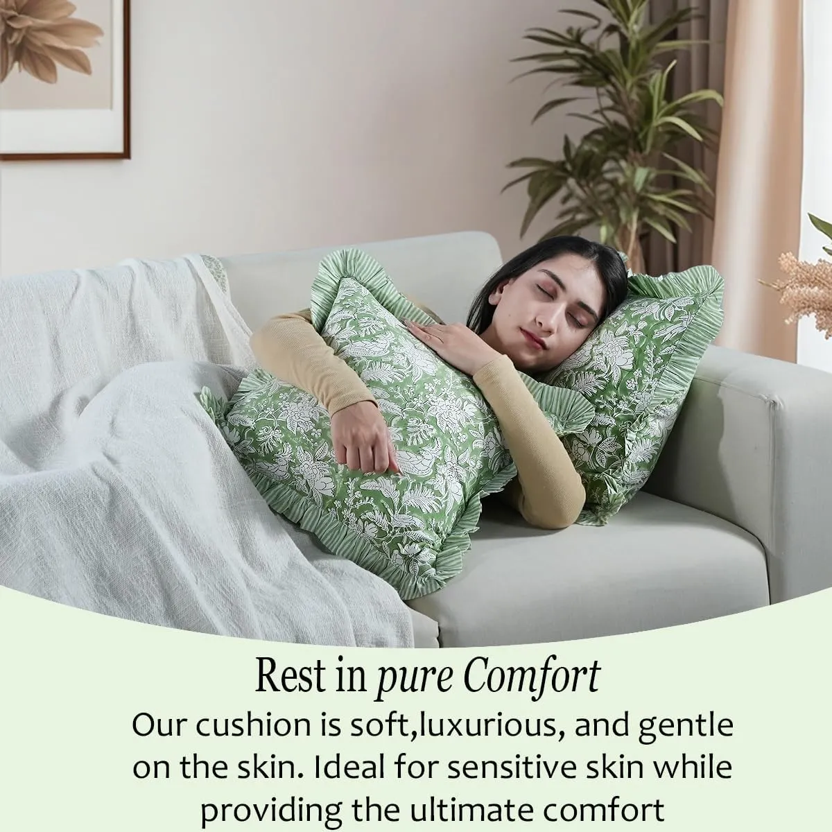CPC Olive Green Ruffle Throw Pillow Covers for Couch, 18x18 Inch Cotton Stripe Ruffle Couch Pillows for Living Room, Hidden 14 Inch Zipper Boho Pillow Case or Cute Outdoor Pillows