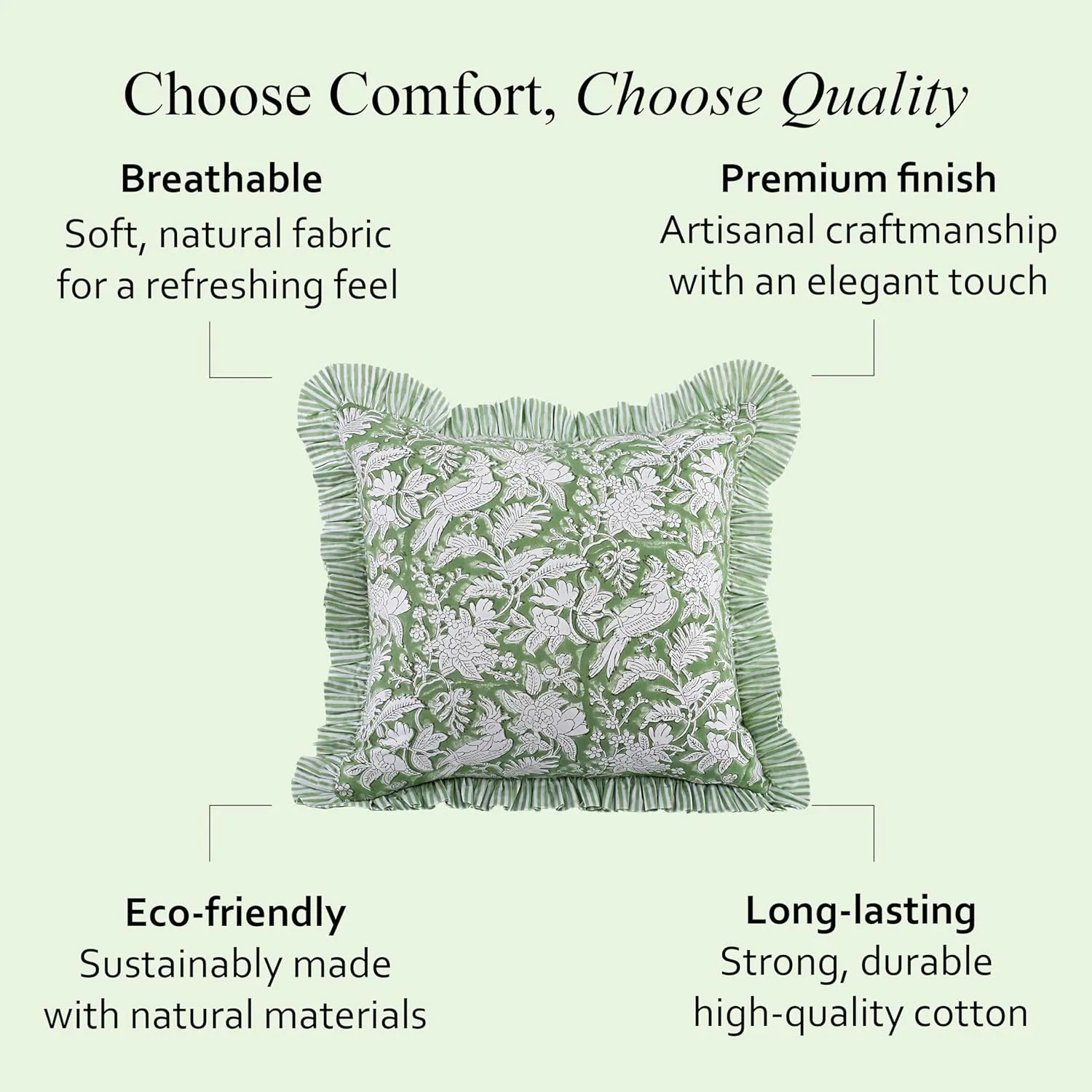 CPC Olive Green Ruffle Throw Pillow Covers for Couch, 18x18 Inch Cotton Stripe Ruffle Couch Pillows for Living Room, Hidden 14 Inch Zipper Boho Pillow Case or Cute Outdoor Pillows