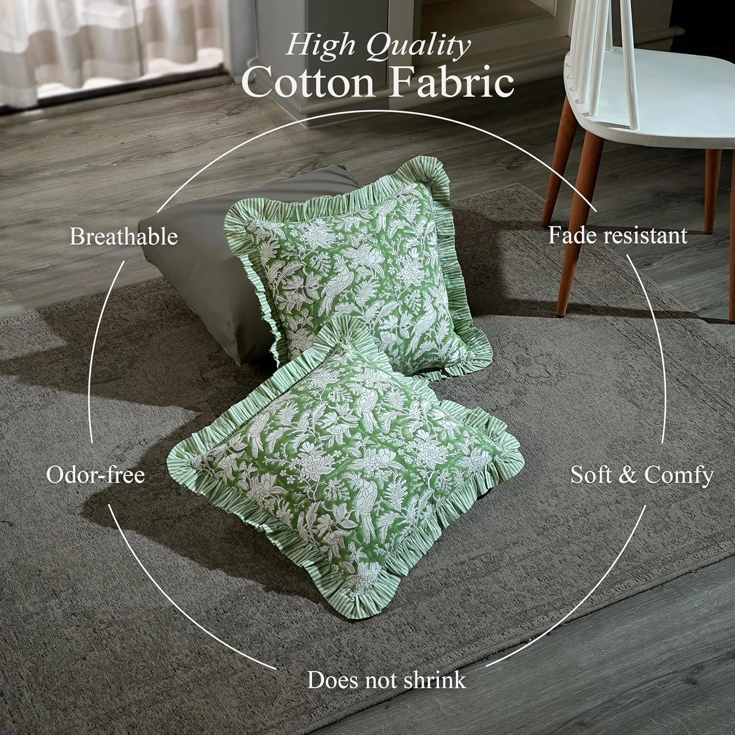CPC Olive Green Ruffle Throw Pillow Covers for Couch, 18x18 Inch Cotton Stripe Ruffle Couch Pillows for Living Room, Hidden 14 Inch Zipper Boho Pillow Case or Cute Outdoor Pillows