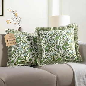 CPC Agate Green Ruffle Throw Pillow Covers for Couch, 18x18 Inch Cotton Stripe Ruffle Couch Pillows for Living Room, Hidden 14 Inch Zipper Boho Pillow Case or Cute Outdoor Pillows