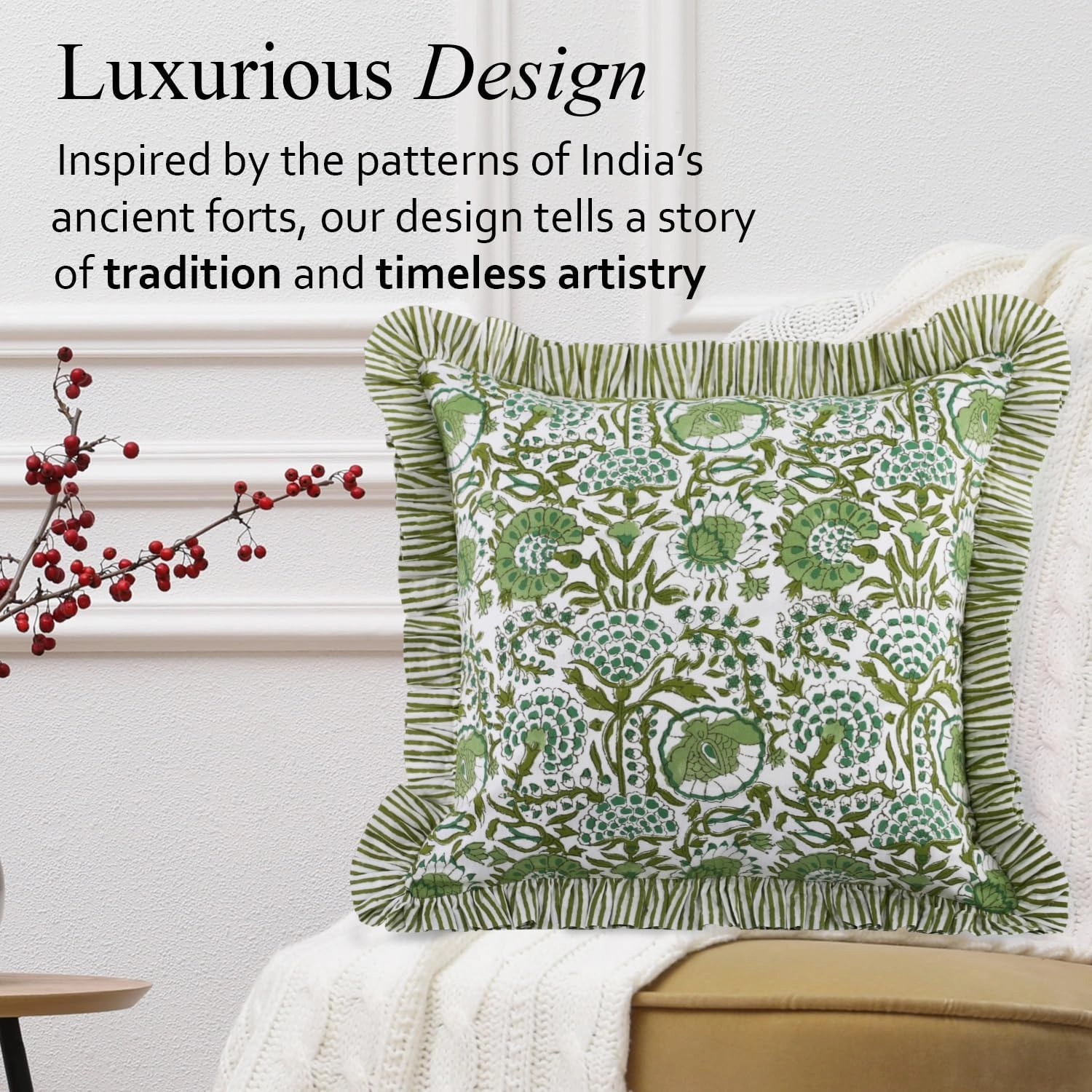 CPC Agate Green Ruffle Throw Pillow Covers for Couch, 18x18 Inch Cotton Stripe Ruffle Couch Pillows for Living Room, Hidden 14 Inch Zipper Boho Pillow Case or Cute Outdoor Pillows