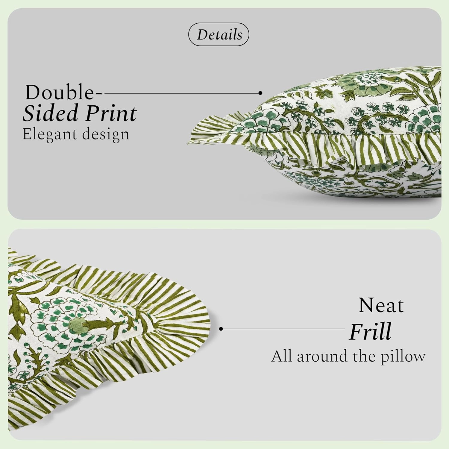CPC Agate Green Ruffle Throw Pillow Covers for Couch, 18x18 Inch Cotton Stripe Ruffle Couch Pillows for Living Room, Hidden 14 Inch Zipper Boho Pillow Case or Cute Outdoor Pillows