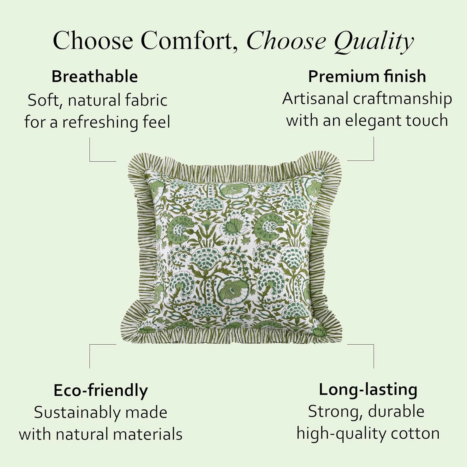 CPC Agate Green Ruffle Throw Pillow Covers for Couch, 18x18 Inch Cotton Stripe Ruffle Couch Pillows for Living Room, Hidden 14 Inch Zipper Boho Pillow Case or Cute Outdoor Pillows