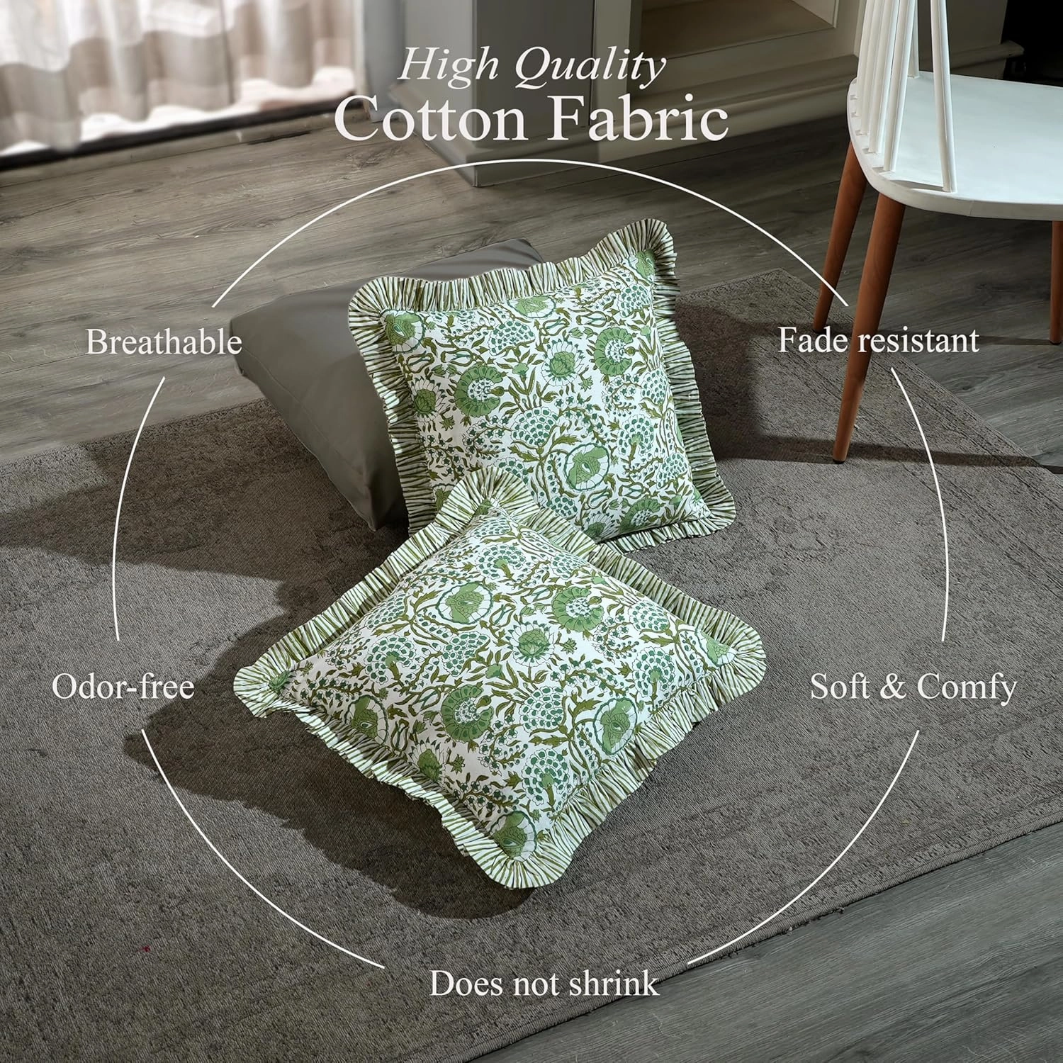 CPC Agate Green Ruffle Throw Pillow Covers for Couch, 18x18 Inch Cotton Stripe Ruffle Couch Pillows for Living Room, Hidden 14 Inch Zipper Boho Pillow Case or Cute Outdoor Pillows