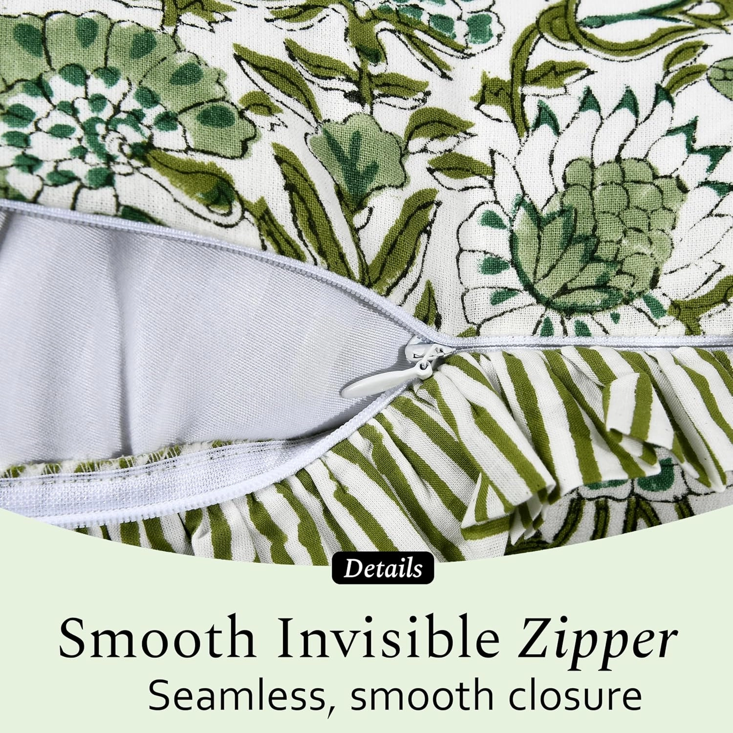 CPC Agate Green Ruffle Throw Pillow Covers for Couch, 18x18 Inch Cotton Stripe Ruffle Couch Pillows for Living Room, Hidden 14 Inch Zipper Boho Pillow Case or Cute Outdoor Pillows