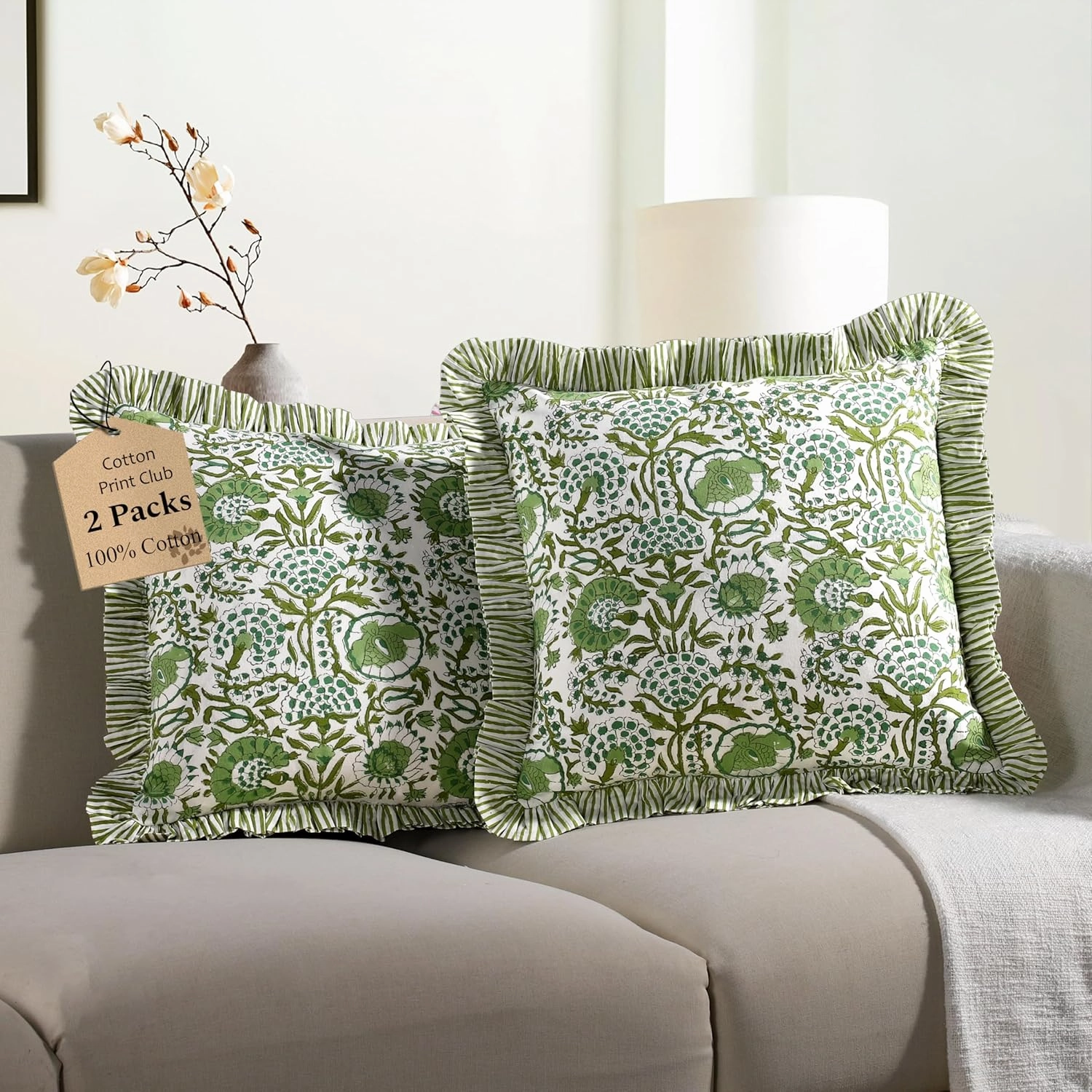 CPC Agate Green Ruffle Throw Pillow Covers for Couch, 18x18 Inch Cotton Stripe Ruffle Couch Pillows for Living Room, Hidden 14 Inch Zipper Boho Pillow Case or Cute Outdoor Pillows